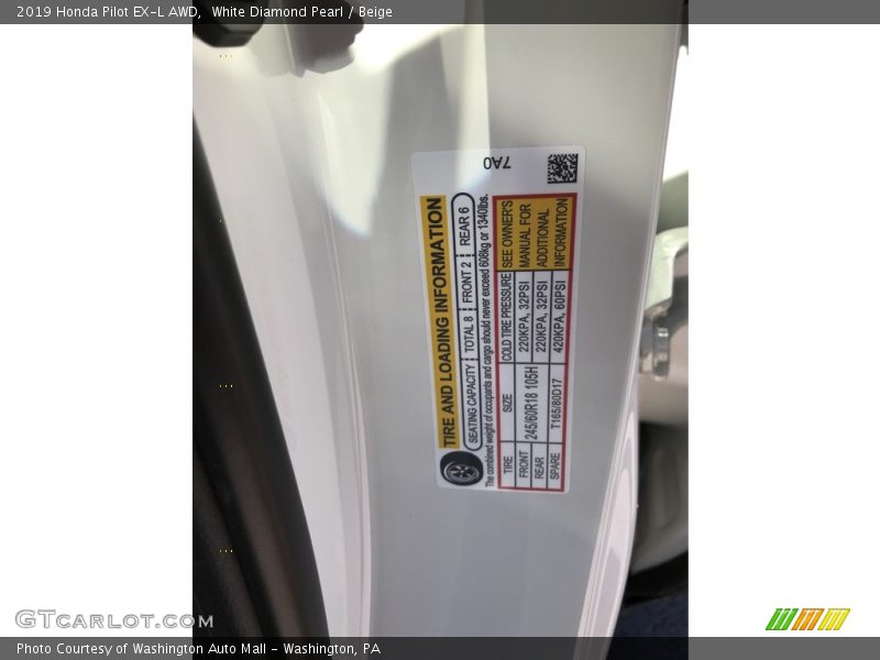 White Diamond Pearl / Beige 2019 Honda Pilot EX-L AWD