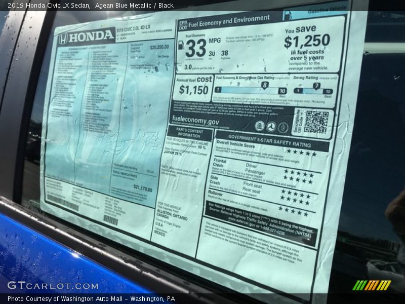 Agean Blue Metallic / Black 2019 Honda Civic LX Sedan