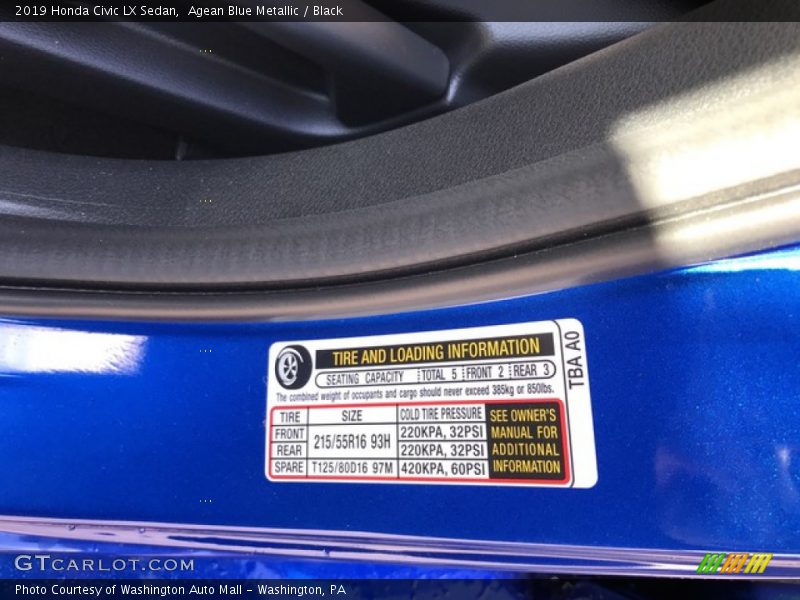Agean Blue Metallic / Black 2019 Honda Civic LX Sedan