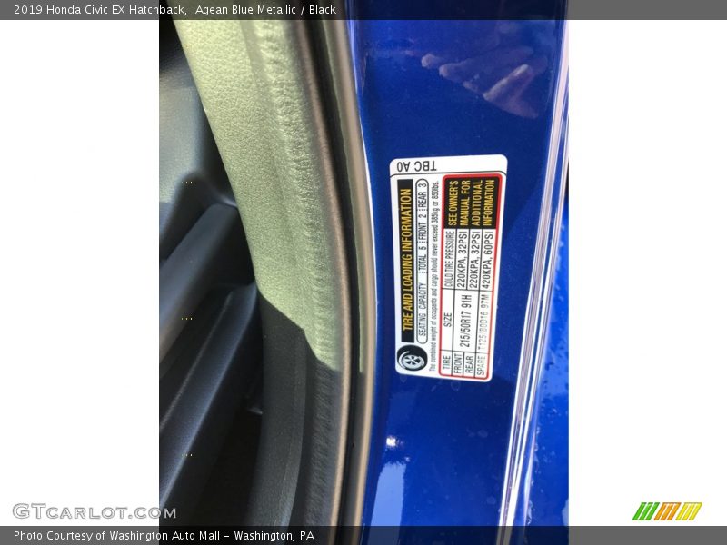 Agean Blue Metallic / Black 2019 Honda Civic EX Hatchback