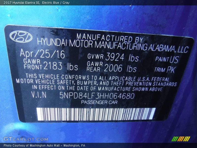 Electric Blue / Gray 2017 Hyundai Elantra SE
