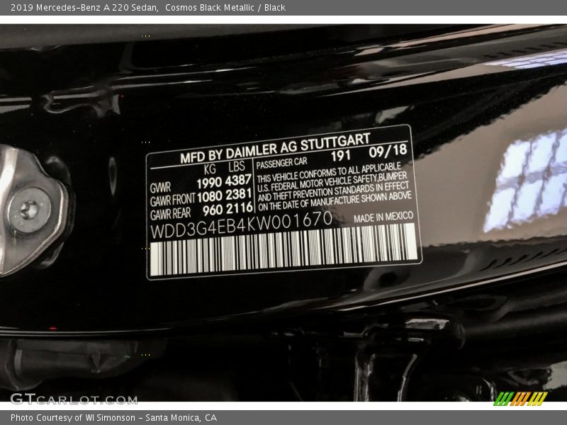 2019 A 220 Sedan Cosmos Black Metallic Color Code 191