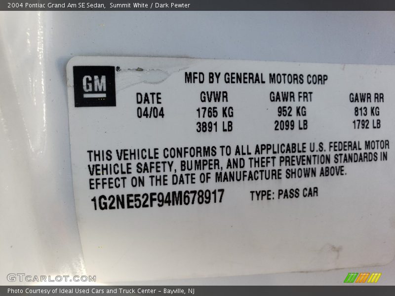 Summit White / Dark Pewter 2004 Pontiac Grand Am SE Sedan