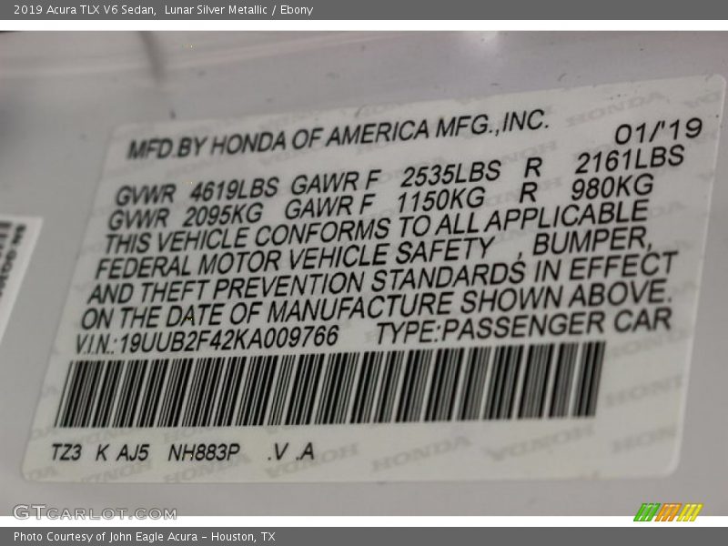 Lunar Silver Metallic / Ebony 2019 Acura TLX V6 Sedan