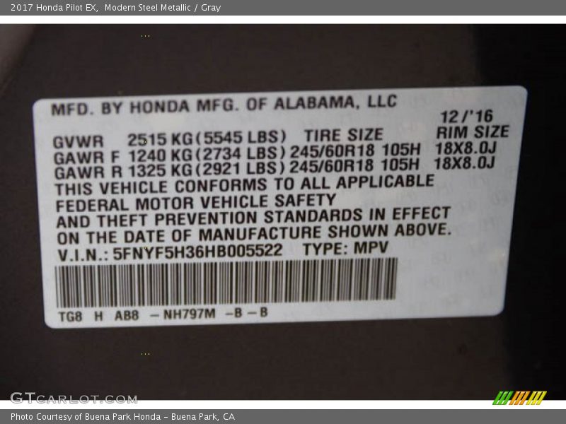 Modern Steel Metallic / Gray 2017 Honda Pilot EX