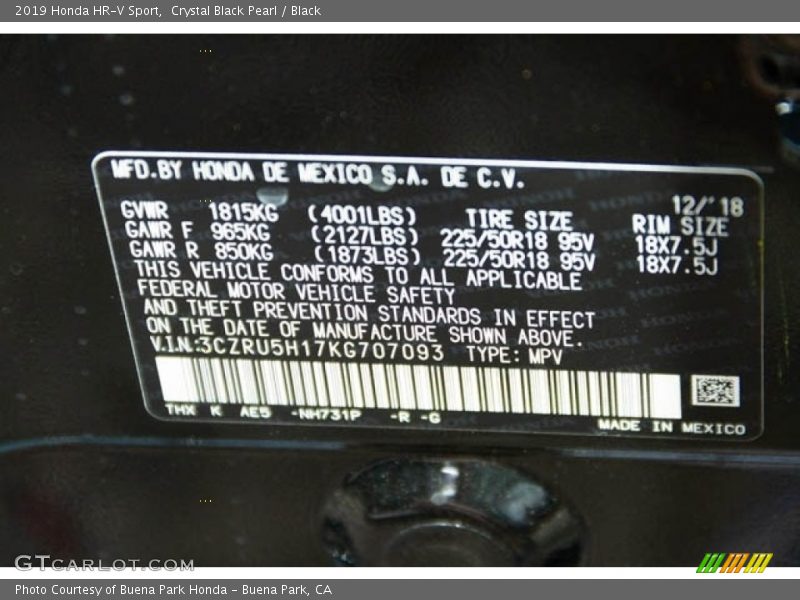 Crystal Black Pearl / Black 2019 Honda HR-V Sport