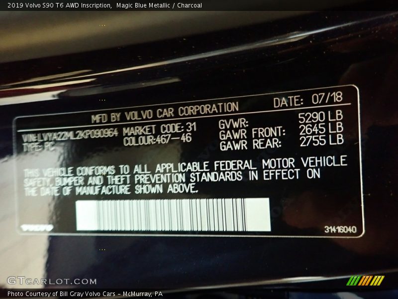 Magic Blue Metallic / Charcoal 2019 Volvo S90 T6 AWD Inscription
