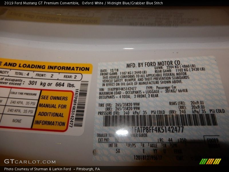 Oxford White / Midnight Blue/Grabber Blue Stitch 2019 Ford Mustang GT Premium Convertible