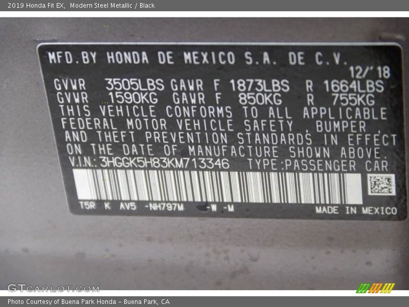 Modern Steel Metallic / Black 2019 Honda Fit EX