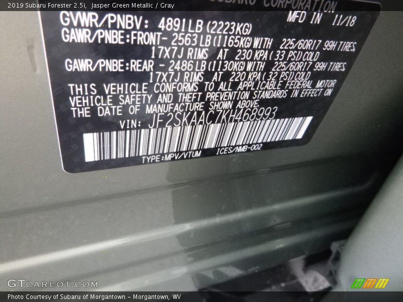 Jasper Green Metallic / Gray 2019 Subaru Forester 2.5i