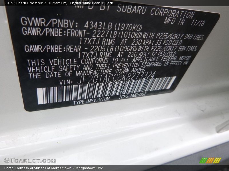 Crystal White Pearl / Black 2019 Subaru Crosstrek 2.0i Premium