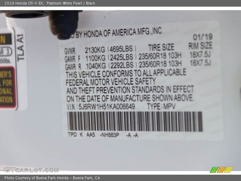 Platinum White Pearl / Black 2019 Honda CR-V EX