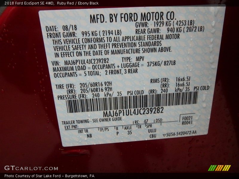 Ruby Red / Ebony Black 2018 Ford EcoSport SE 4WD