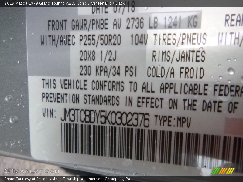 Sonic Silver Metallic / Black 2019 Mazda CX-9 Grand Touring AWD