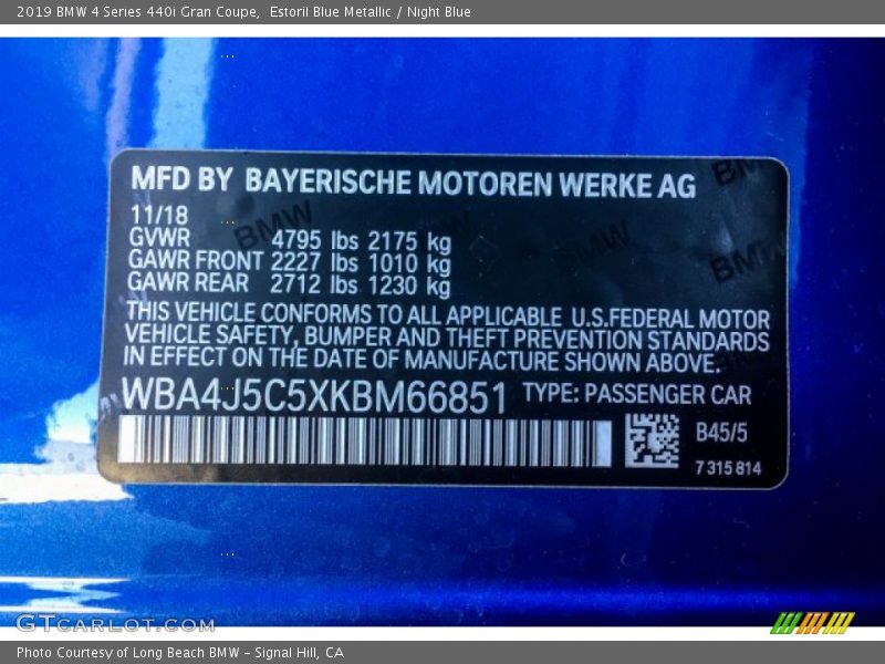 Estoril Blue Metallic / Night Blue 2019 BMW 4 Series 440i Gran Coupe