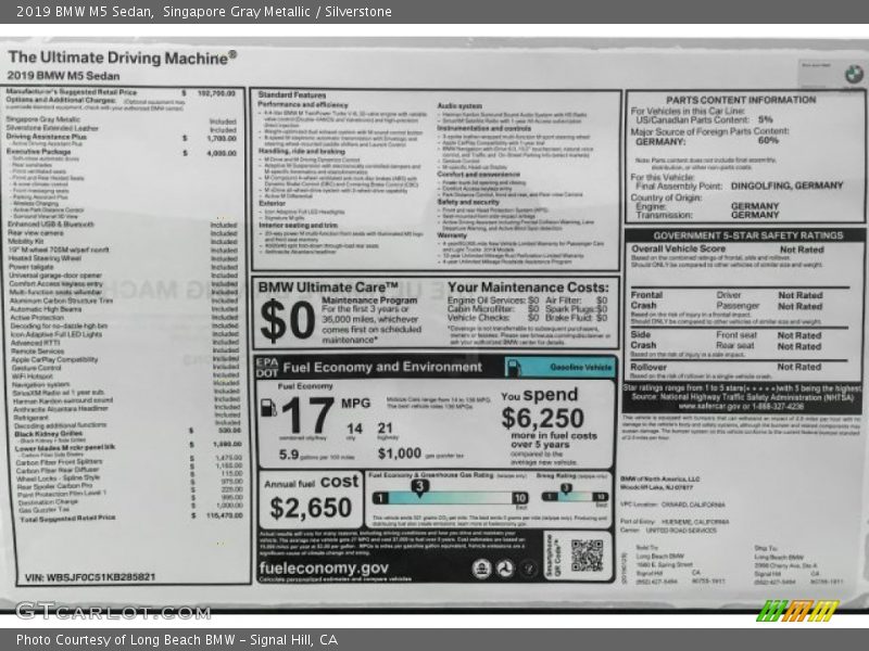  2019 M5 Sedan Window Sticker