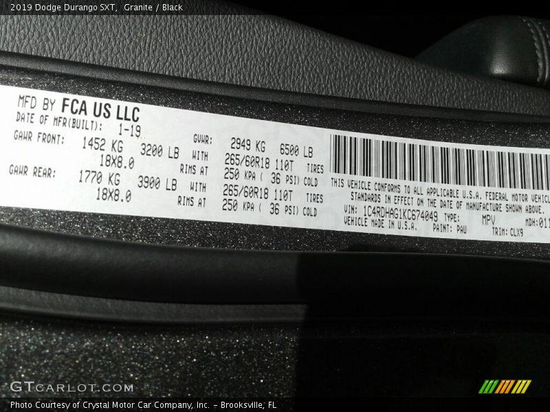 Granite / Black 2019 Dodge Durango SXT