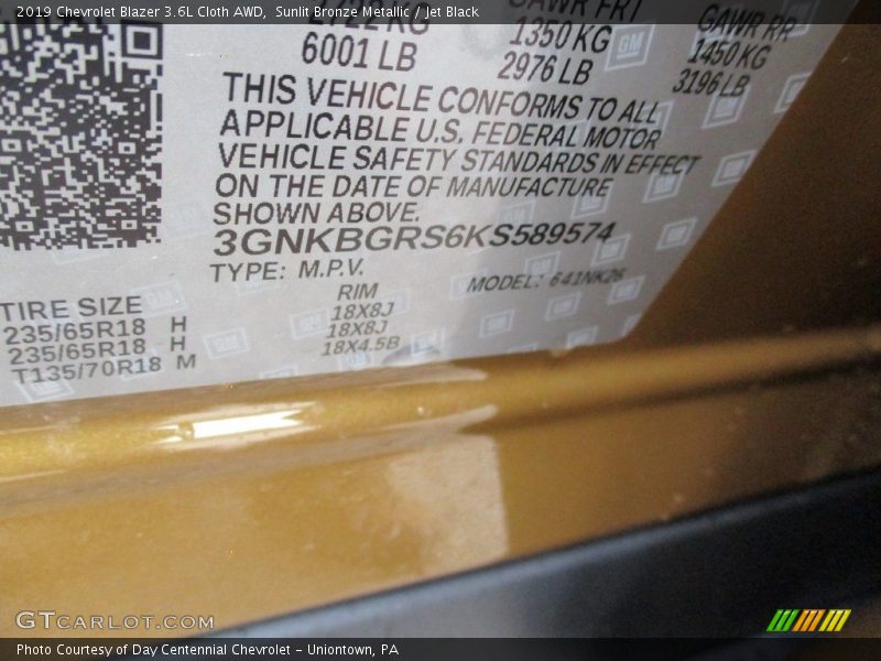 Sunlit Bronze Metallic / Jet Black 2019 Chevrolet Blazer 3.6L Cloth AWD