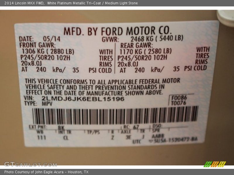 White Platinum Metallic Tri-Coat / Medium Light Stone 2014 Lincoln MKX FWD