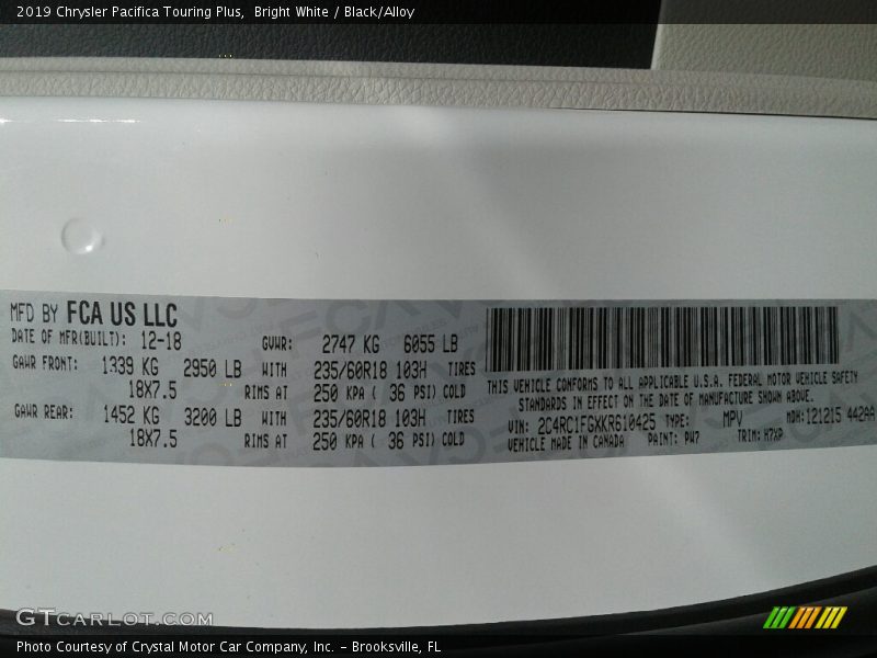 Bright White / Black/Alloy 2019 Chrysler Pacifica Touring Plus