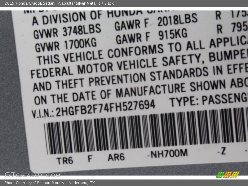 Alabaster Silver Metallic / Black 2015 Honda Civic SE Sedan