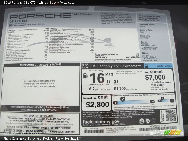  2019 911 GT3 Window Sticker