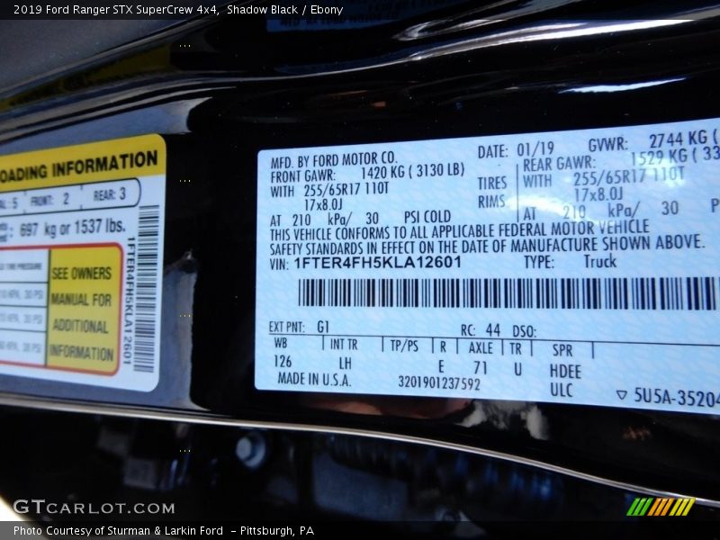 2019 Ranger STX SuperCrew 4x4 Shadow Black Color Code G1