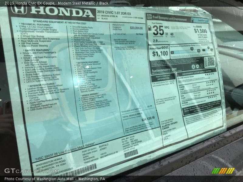 Modern Steel Metallic / Black 2019 Honda Civic EX Coupe