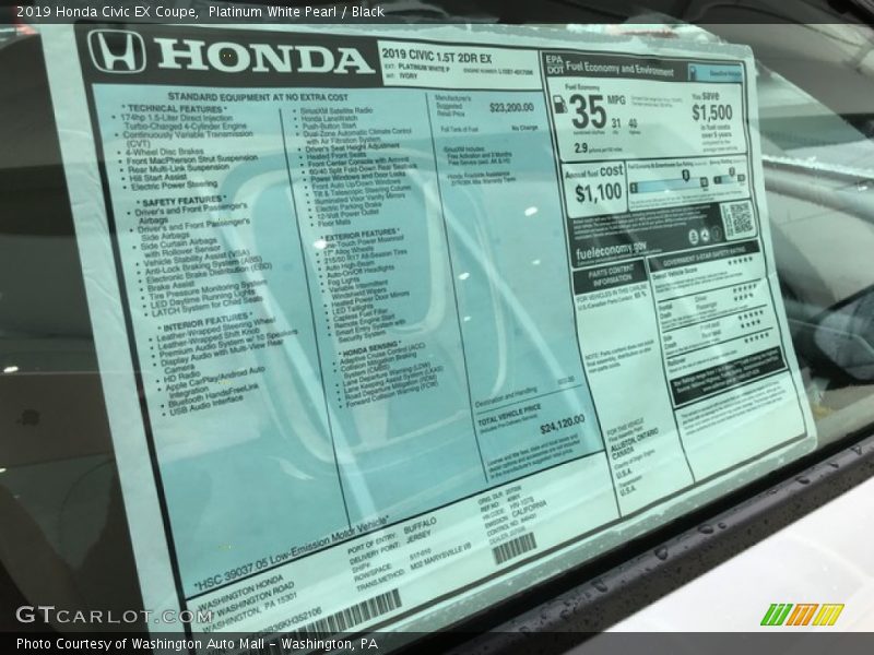 Platinum White Pearl / Black 2019 Honda Civic EX Coupe