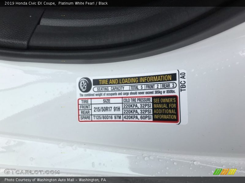 Platinum White Pearl / Black 2019 Honda Civic EX Coupe