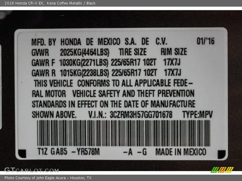 Kona Coffee Metallic / Black 2016 Honda CR-V EX