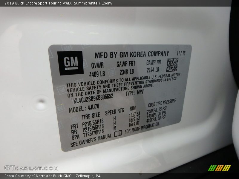 Summit White / Ebony 2019 Buick Encore Sport Touring AWD