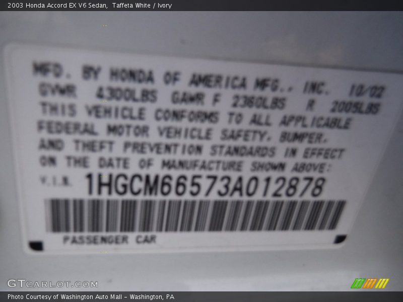 Taffeta White / Ivory 2003 Honda Accord EX V6 Sedan