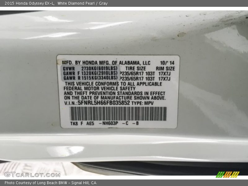 White Diamond Pearl / Gray 2015 Honda Odyssey EX-L