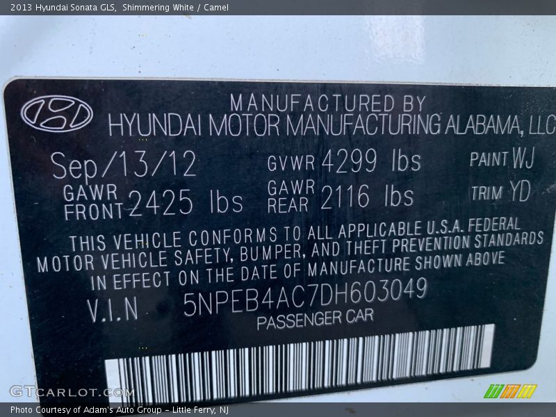 Shimmering White / Camel 2013 Hyundai Sonata GLS