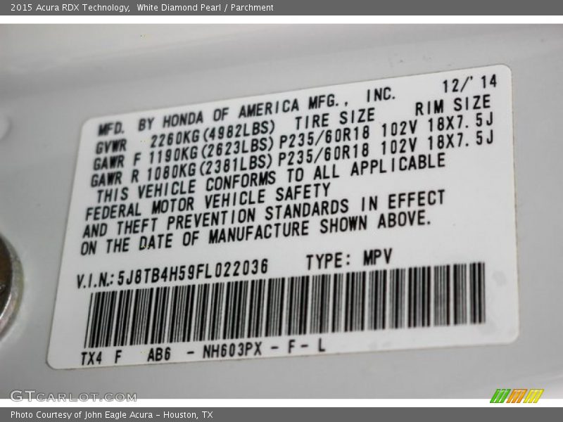 White Diamond Pearl / Parchment 2015 Acura RDX Technology