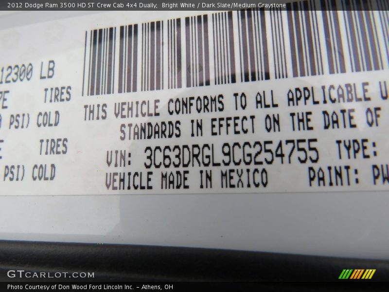 Bright White / Dark Slate/Medium Graystone 2012 Dodge Ram 3500 HD ST Crew Cab 4x4 Dually