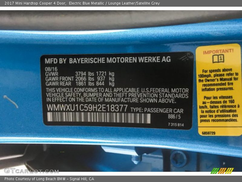 Electric Blue Metallic / Lounge Leather/Satellite Grey 2017 Mini Hardtop Cooper 4 Door