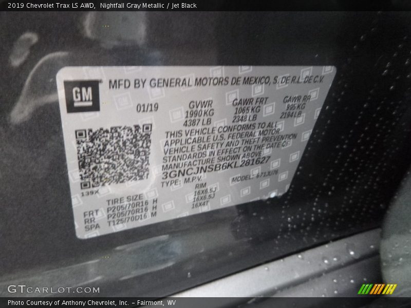 Nightfall Gray Metallic / Jet Black 2019 Chevrolet Trax LS AWD