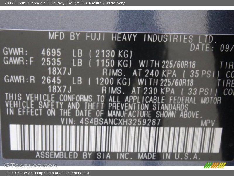 Twilight Blue Metallic / Warm Ivory 2017 Subaru Outback 2.5i Limited