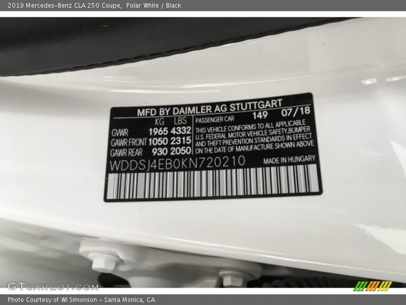 Polar White / Black 2019 Mercedes-Benz CLA 250 Coupe