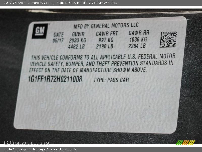 Nightfall Gray Metallic / Medium Ash Gray 2017 Chevrolet Camaro SS Coupe