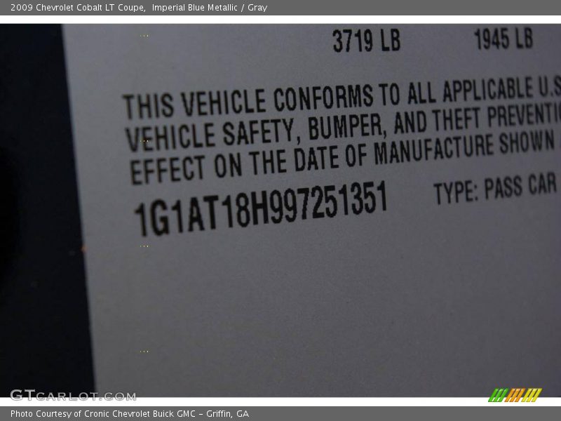 Imperial Blue Metallic / Gray 2009 Chevrolet Cobalt LT Coupe