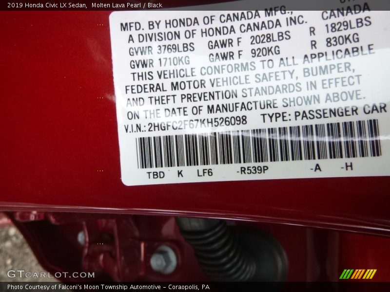 2019 Civic LX Sedan Molten Lava Pearl Color Code R539P