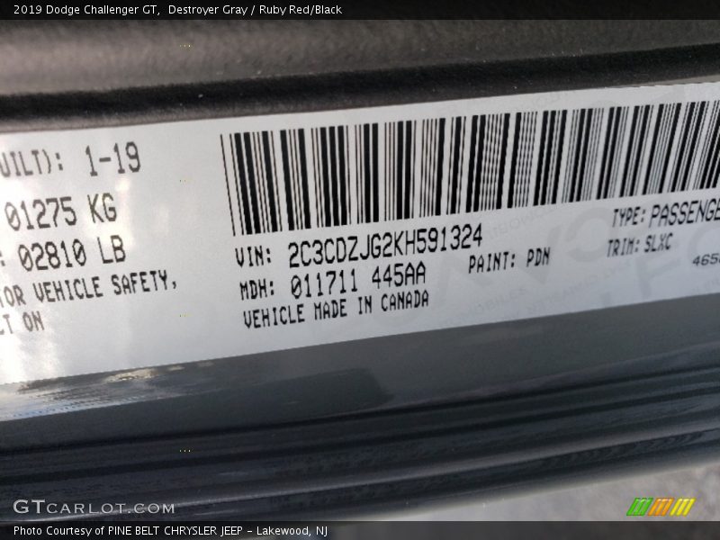 Destroyer Gray / Ruby Red/Black 2019 Dodge Challenger GT