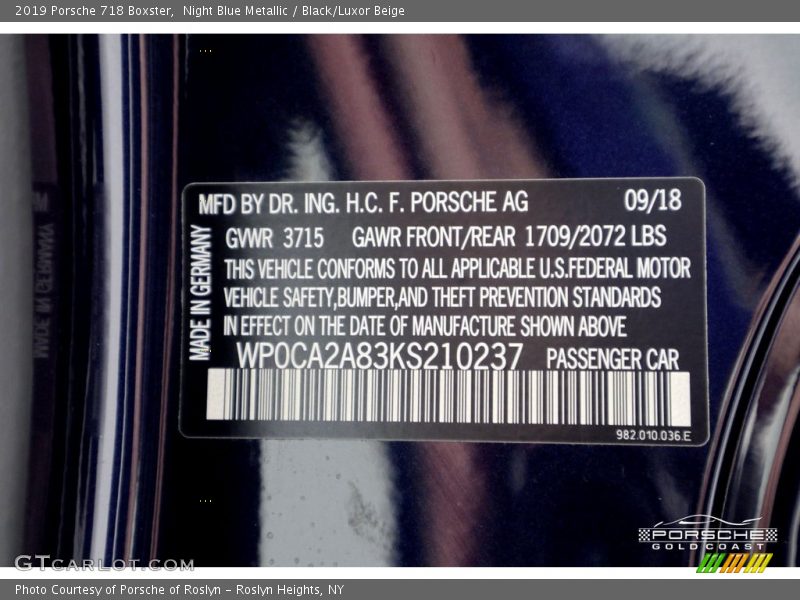 Night Blue Metallic / Black/Luxor Beige 2019 Porsche 718 Boxster
