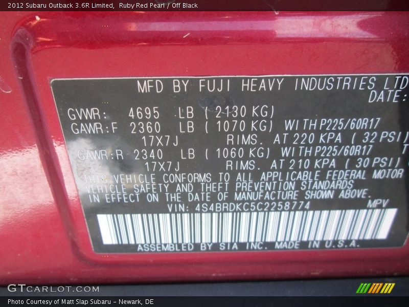 Ruby Red Pearl / Off Black 2012 Subaru Outback 3.6R Limited