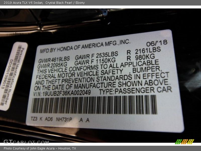 Crystal Black Pearl / Ebony 2019 Acura TLX V6 Sedan