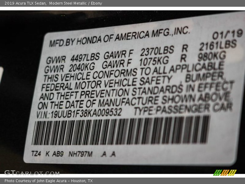 2019 TLX Sedan Modern Steel Metallic Color Code NH797M