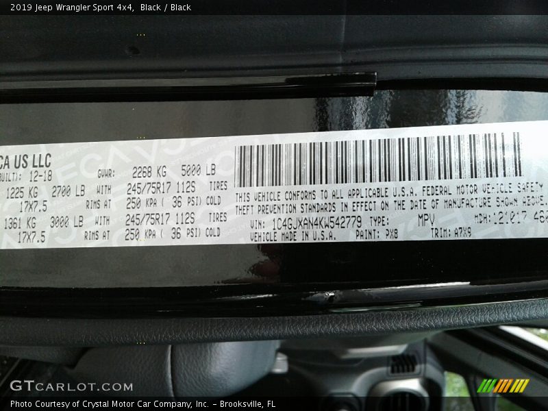 2019 Wrangler Sport 4x4 Black Color Code PX8